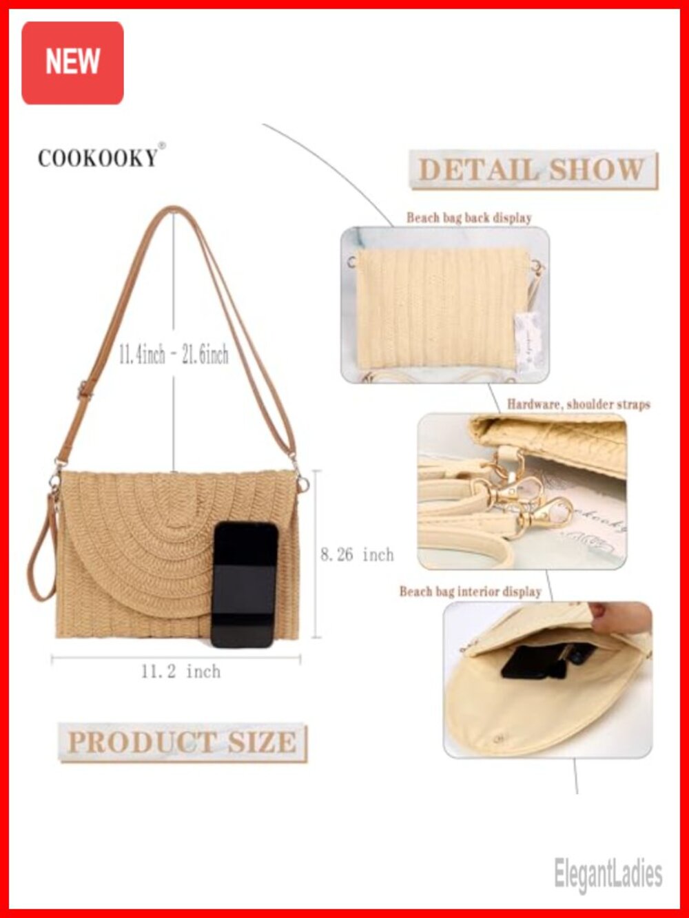 Woven Straw Clutch Envelope Crossbody Handbag Summer Beach Purse - Picture 4 of 6